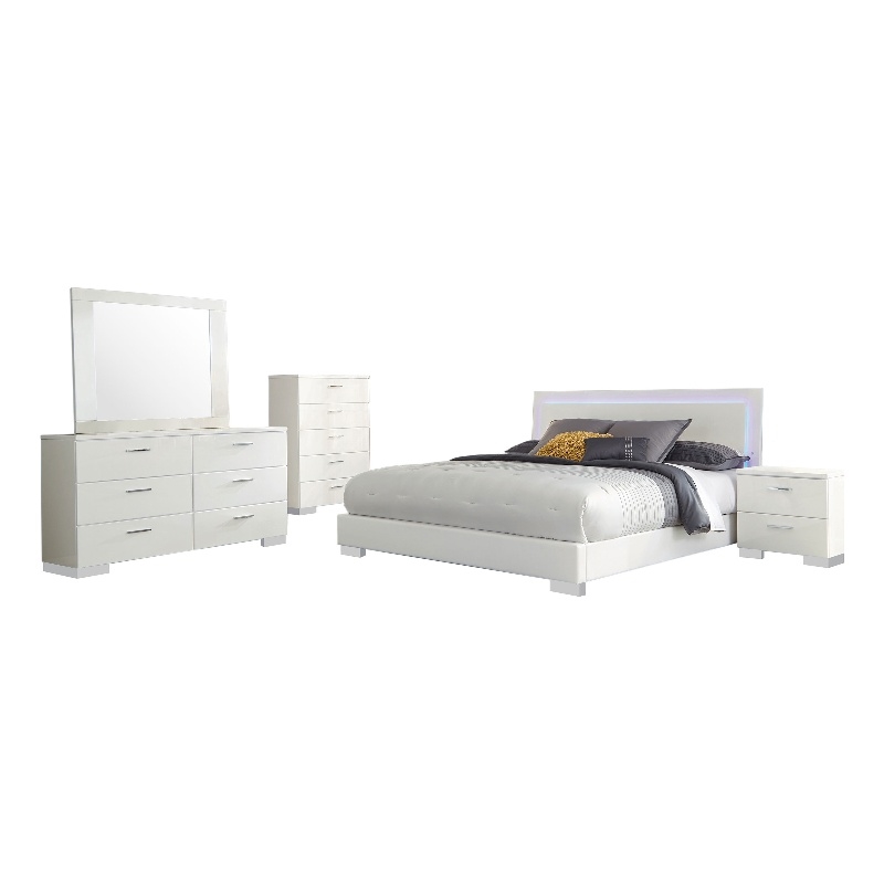 Pemberly Row 5-Piece Queen Faux Leather Bedroom Set in High Gloss White