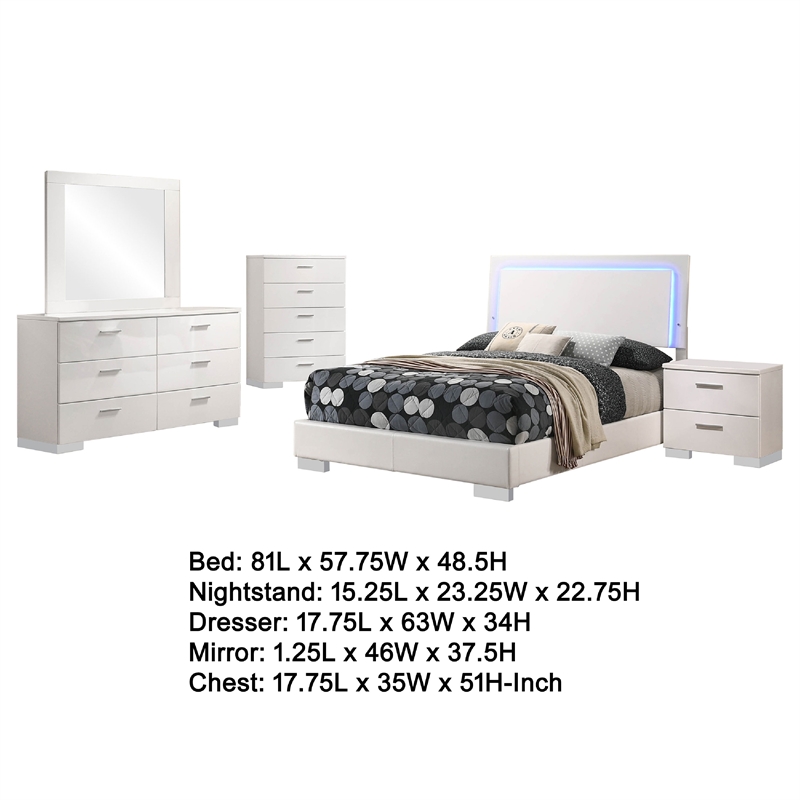 Pemberly Row 5-Piece Full LED Bedroom Set in White High Gloss Wood