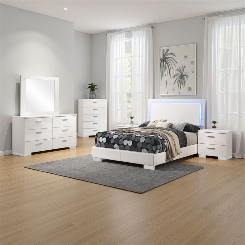 Pemberly Row 5-Piece Full LED Bedroom Set in White High Gloss Wood