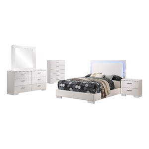 Pemberly Row 5-Piece Full LED Bedroom Set in White High Gloss Wood