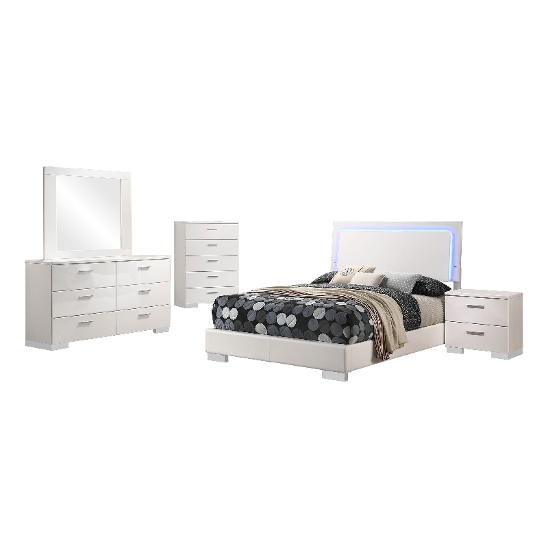 Pemberly Row 5-Piece Full LED Bedroom Set in White High Gloss Wood