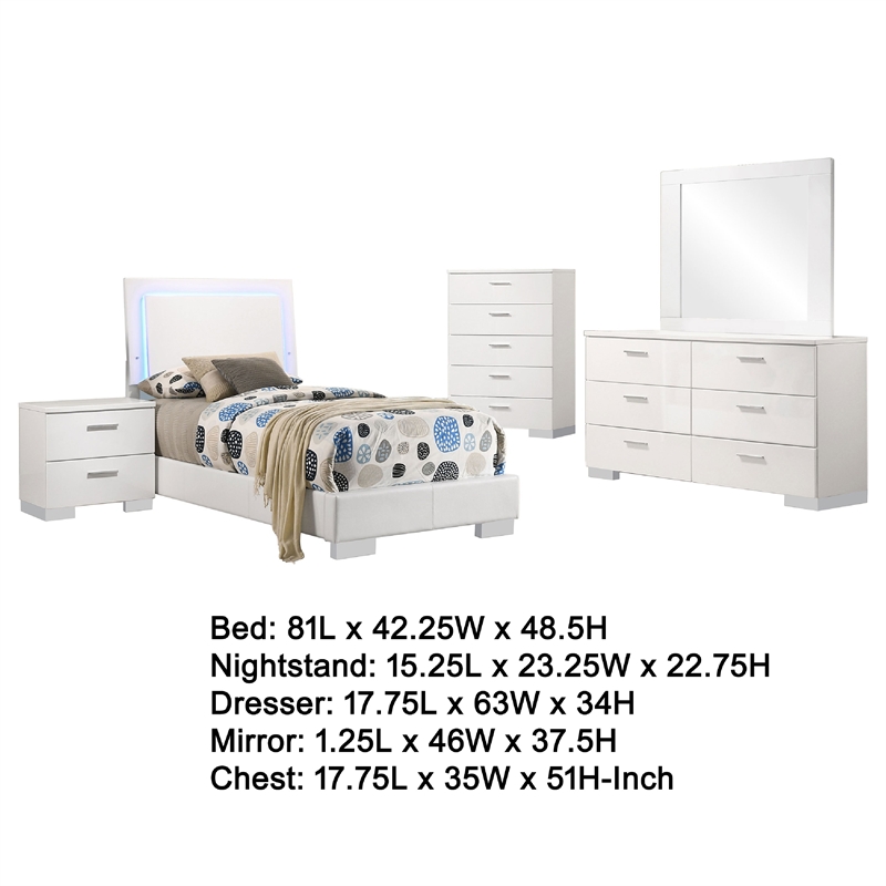 Pemberly Row 5-Piece Twin LED Bedroom Set in White High Gloss Wood