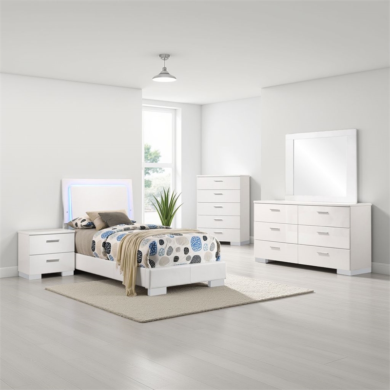 Pemberly Row 5-Piece Twin LED Bedroom Set in White High Gloss Wood