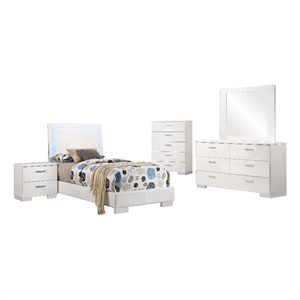 Pemberly Row 5-Piece Twin LED Bedroom Set in White High Gloss Wood