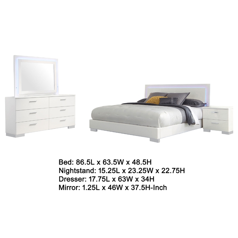 Pemberly Row 4-Piece Queen Faux Leather LED Bedroom Set in White Wood
