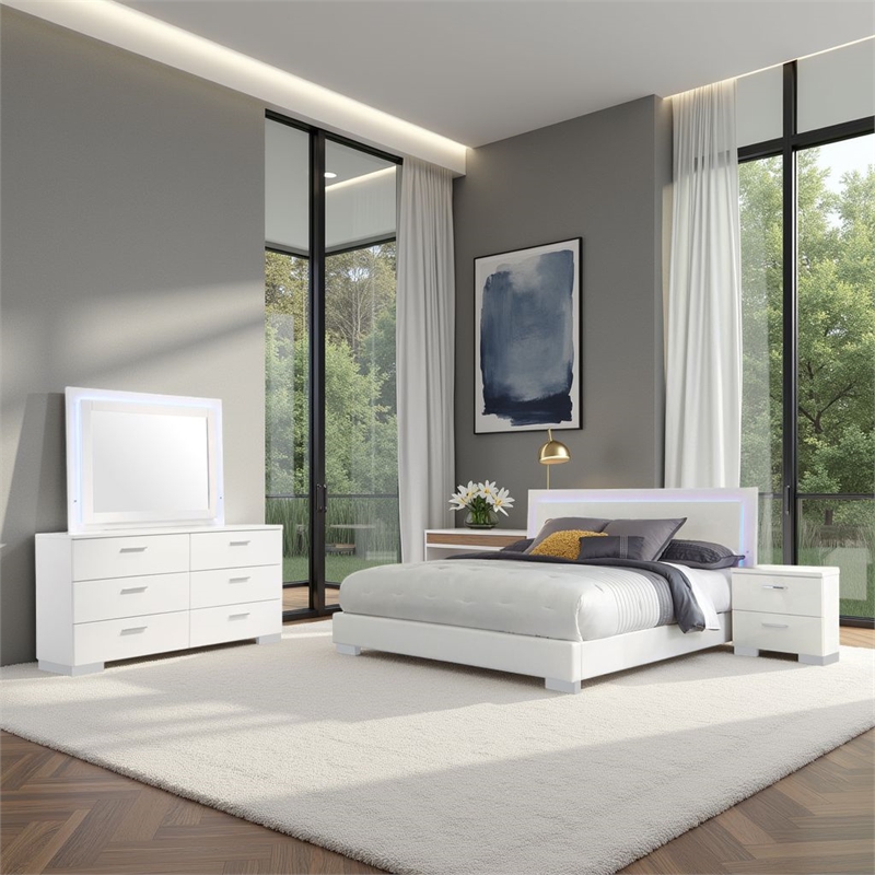 Pemberly Row 4-Piece Queen Faux Leather LED Bedroom Set in White Wood