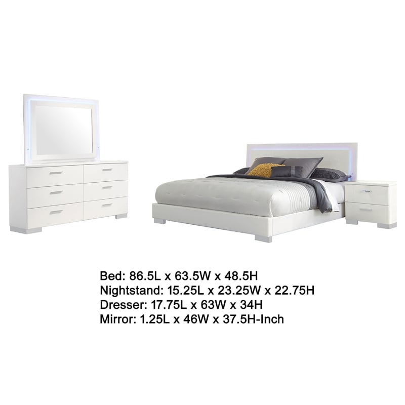 Pemberly Row 4-Piece Queen Faux Leather LED Bedroom Set in White Wood