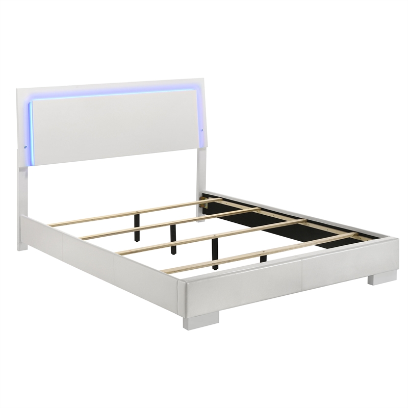 Pemberly Row 4-Piece Queen Faux Leather LED Bedroom Set in White Wood