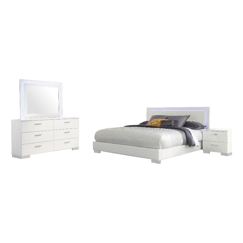 Pemberly Row 4-Piece Queen Faux Leather LED Bedroom Set in White Wood