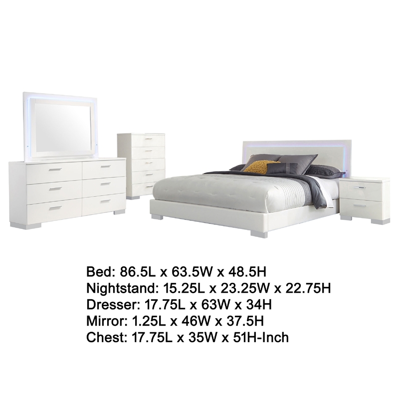 Pemberly Row 5-Piece Queen Faux Leather LED Bedroom Set in White Wood