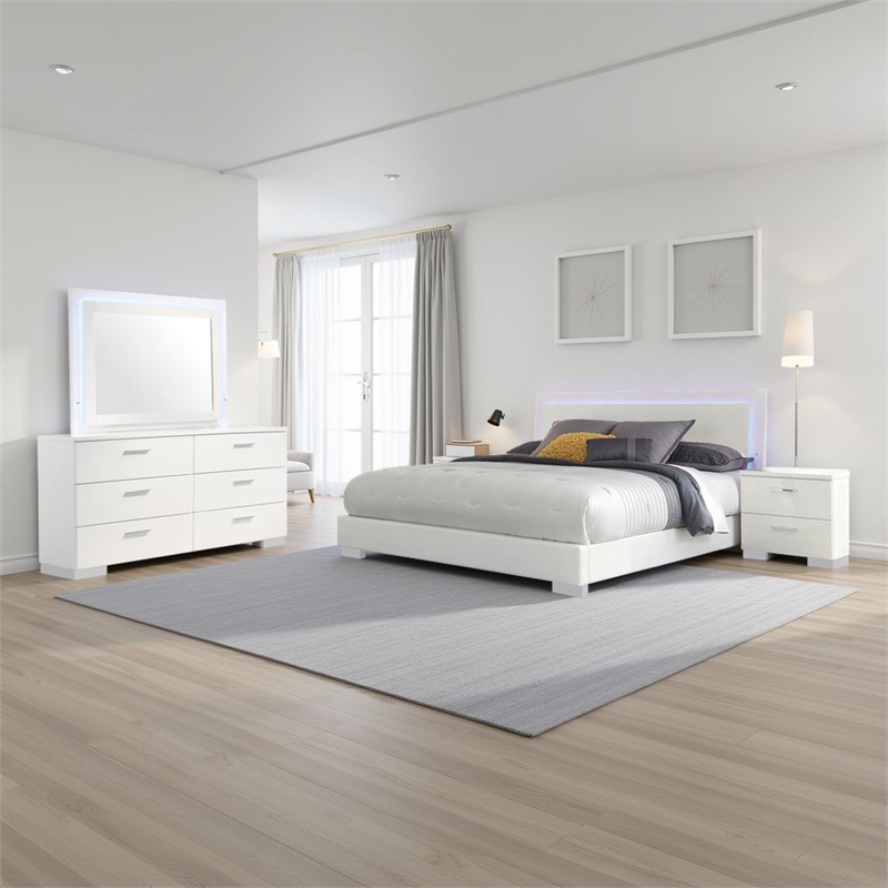 Pemberly Row 4-Piece King Faux Leather LED Bedroom Set in White Wood