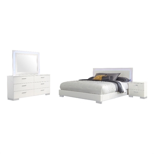 Pemberly Row 4-Piece King Faux Leather LED Bedroom Set in White Wood