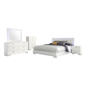 Pemberly Row 5-Piece King Faux Leather LED Bedroom Set in White Wood