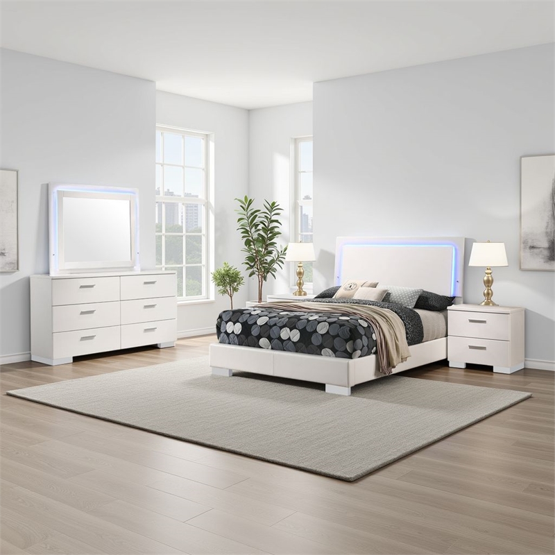 Pemberly Row 4-Piece Full Faux Leather LED Bedroom Set in White Wood