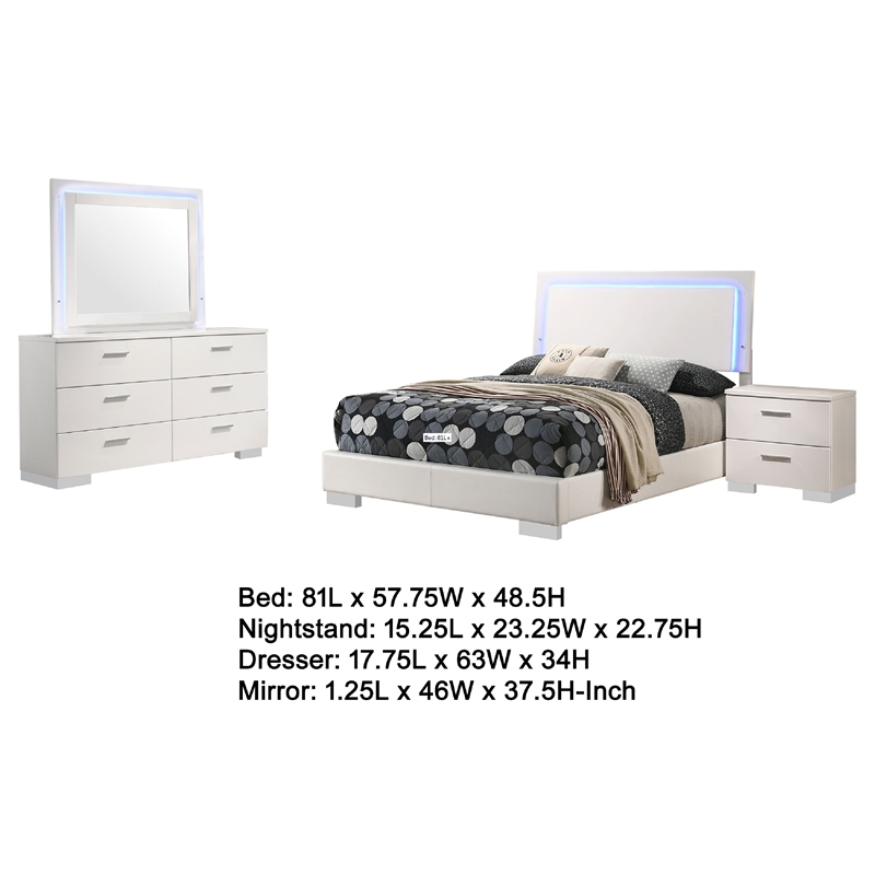 Pemberly Row 4-Piece Full Faux Leather LED Bedroom Set in White Wood