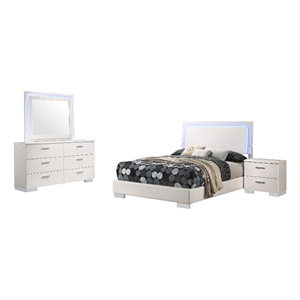 Pemberly Row 4-Piece Full Faux Leather LED Bedroom Set in White Wood