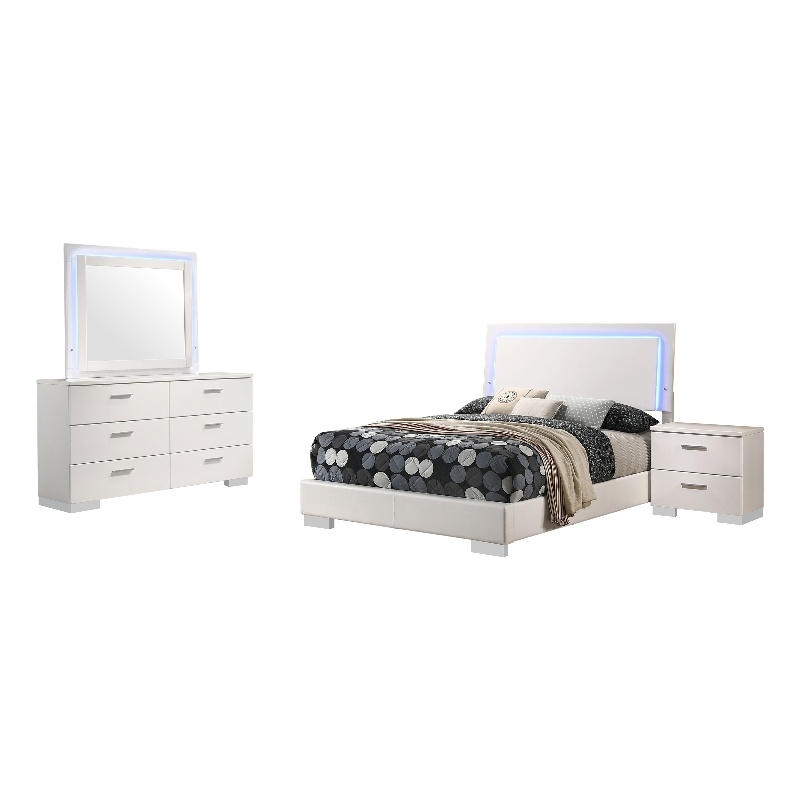 Pemberly Row 4-Piece Full Faux Leather LED Bedroom Set in White Wood