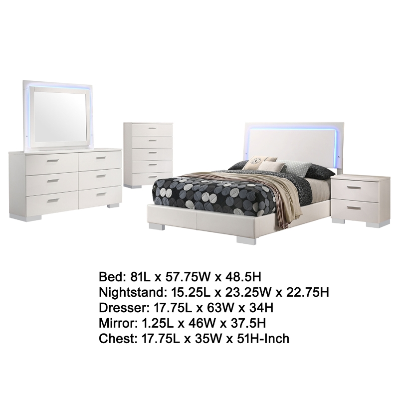 Pemberly Row 5-Piece Full Faux Leather LED Bedroom Set in White Wood