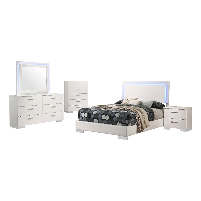 Pemberly Row 5-Piece Full Faux Leather LED Bedroom Set in White Wood