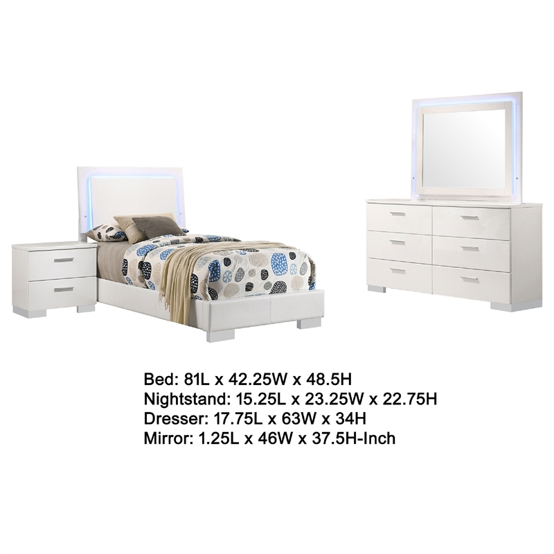 Pemberly Row 4-Piece Twin Faux Leather LED Bedroom Set in White Wood