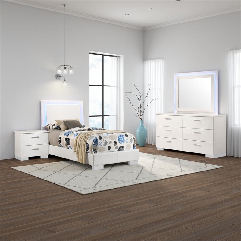 Pemberly Row 4-Piece Twin Faux Leather LED Bedroom Set in White Wood