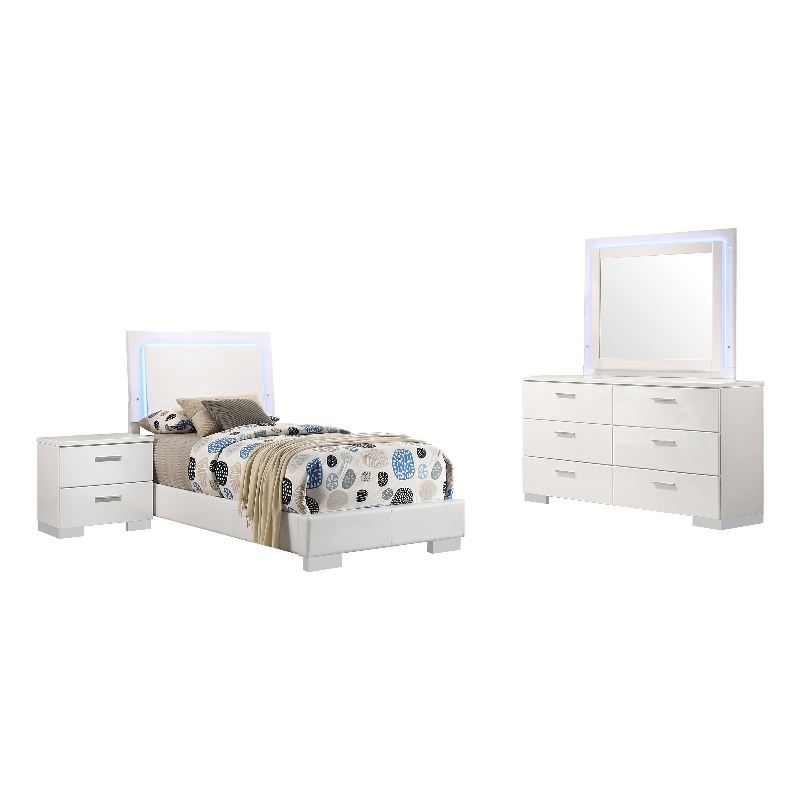 Pemberly Row 4-Piece Twin Faux Leather LED Bedroom Set in White Wood