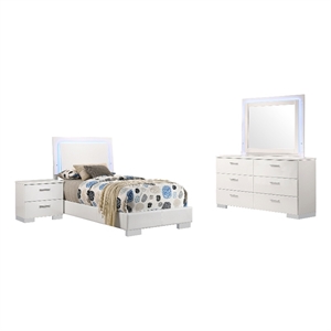 Pemberly Row 4-Piece Twin Faux Leather LED Bedroom Set in White Wood