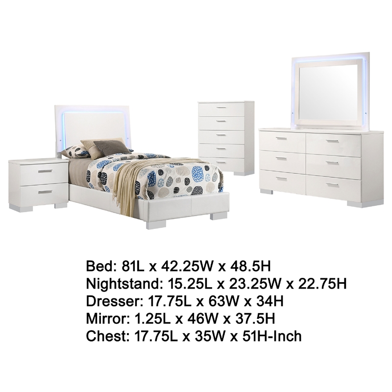 Pemberly Row 5-Piece Twin Faux Leather LED Bedroom Set in White Wood