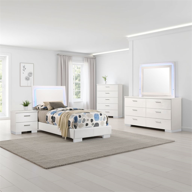Pemberly Row 5-Piece Twin Faux Leather LED Bedroom Set in White Wood