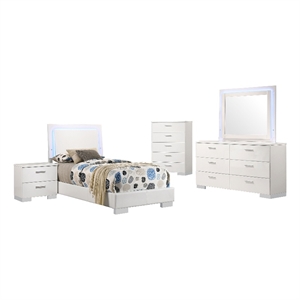 Pemberly Row 5-Piece Twin Faux Leather LED Bedroom Set in White Wood