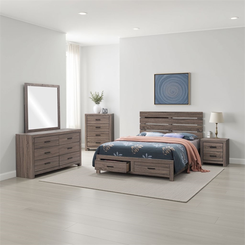 Pemberly Row 5-Piece Queen Storage Bedroom Set in Oak Brown and Dark Bronze