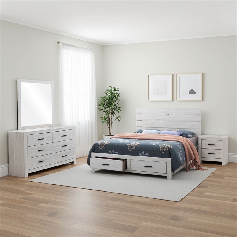 Pemberly Row 4-Piece Queen Storage Bedroom Set in Coastal White and Bronze