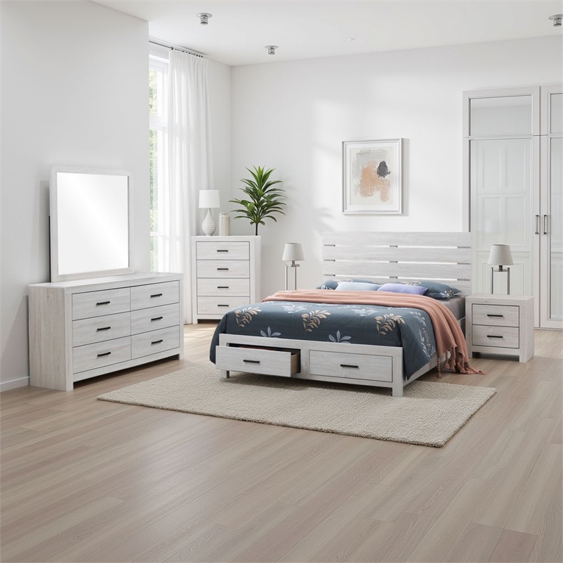 Pemberly Row 5-Piece Queen Storage Bedroom Set in Coastal White and Bronze