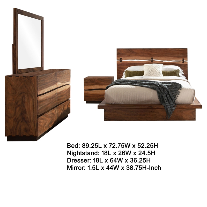 Pemberly Row 4-Piece Queen Live Edge Bedroom Set in Smoky Walnut Brown