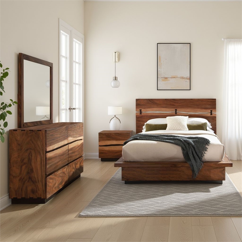 Pemberly Row 4-Piece Queen Live Edge Bedroom Set in Smoky Walnut Brown