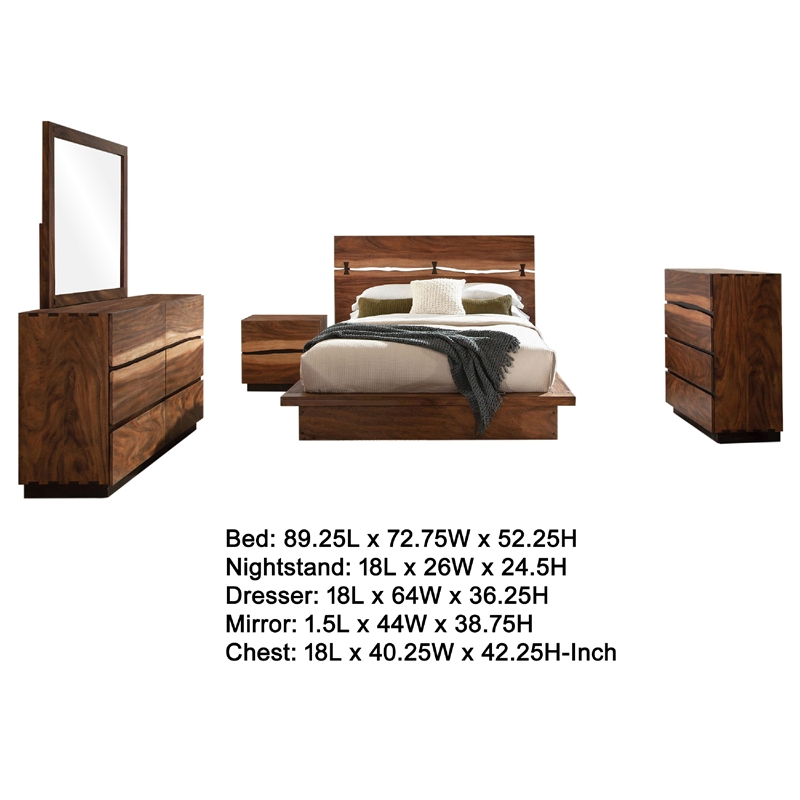 Pemberly Row 5-Piece Queen Live Edge Bedroom Set in Smoky Walnut Brown