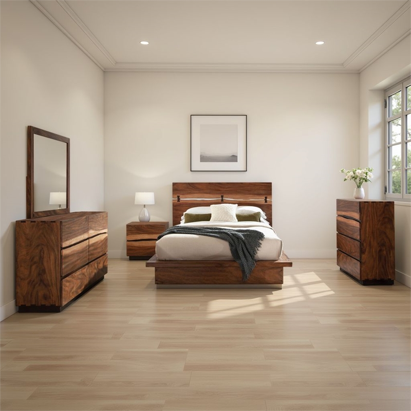 Pemberly Row 5-Piece Queen Live Edge Bedroom Set in Smoky Walnut Brown