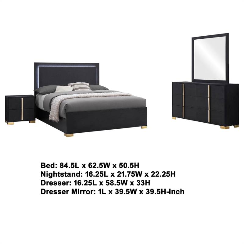 Pemberly Row 4-Piece Queen LED Bedroom Set with Gold Accents in Black