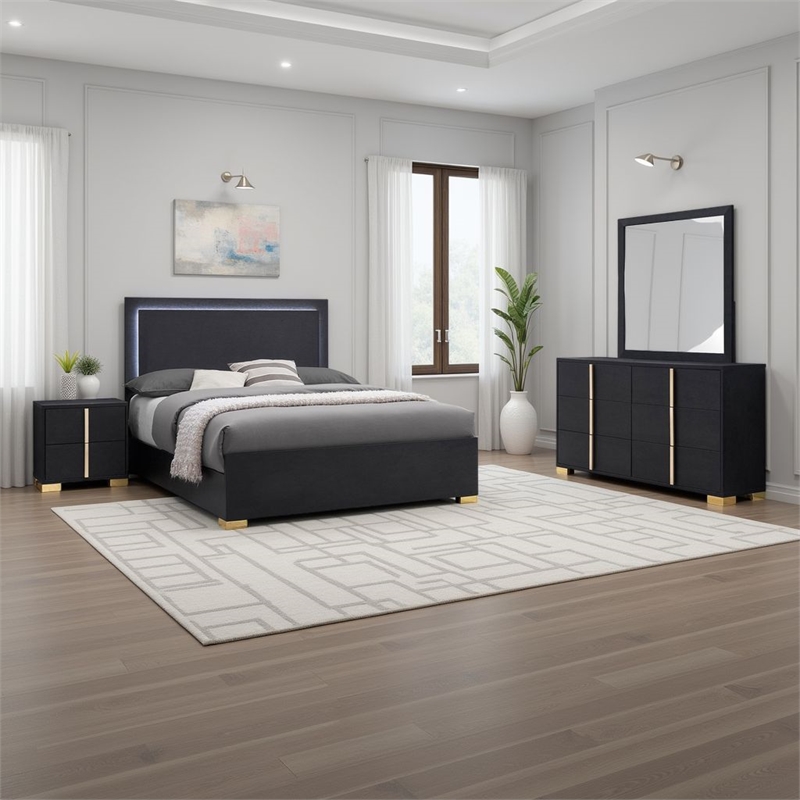 Pemberly Row 4-Piece Queen LED Bedroom Set with Gold Accents in Black