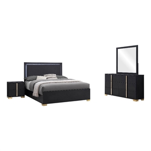 Pemberly Row 4-Piece Queen LED Bedroom Set with Gold Accents in Black