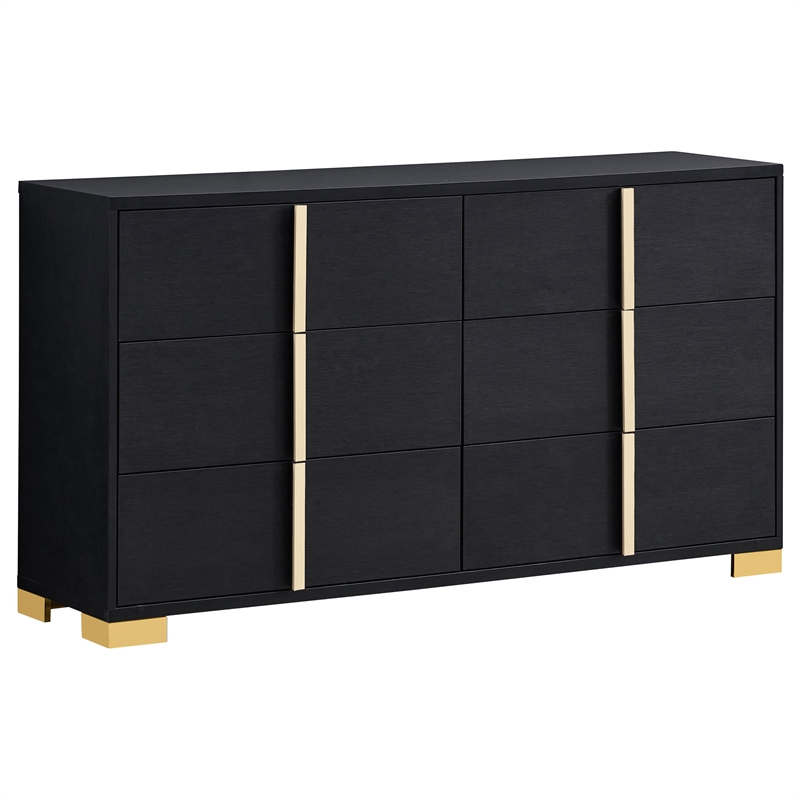 Pemberly Row 4-Piece Queen LED Bedroom Set with Gold Accents in Black
