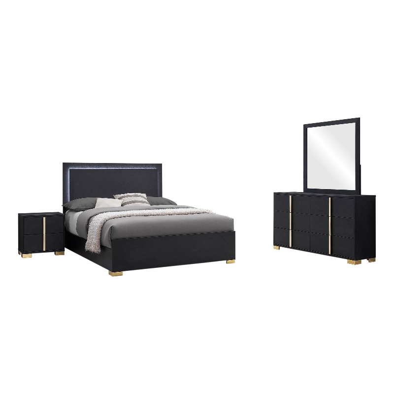 Pemberly Row 4-Piece Queen LED Bedroom Set with Gold Accents in Black