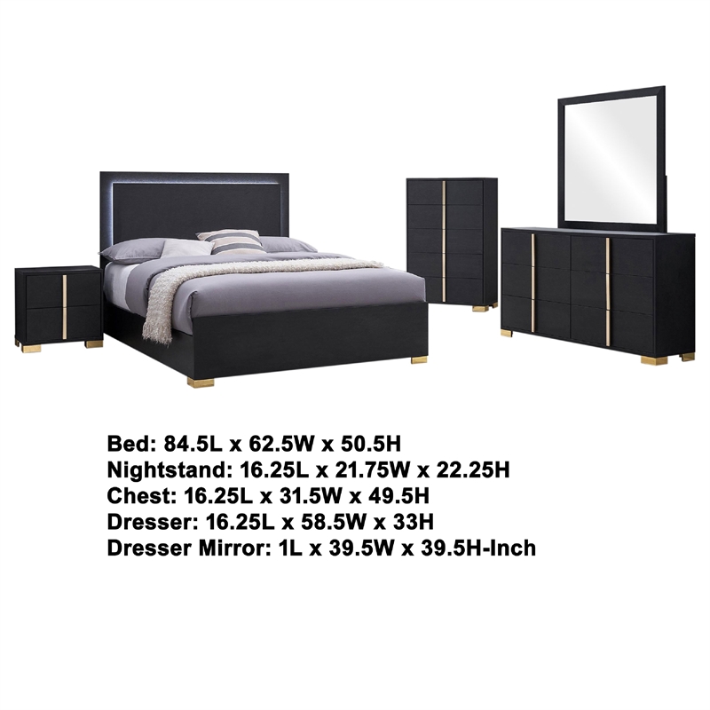 Pemberly Row 5-Piece Queen LED Bedroom Set with Gold Accents in Black