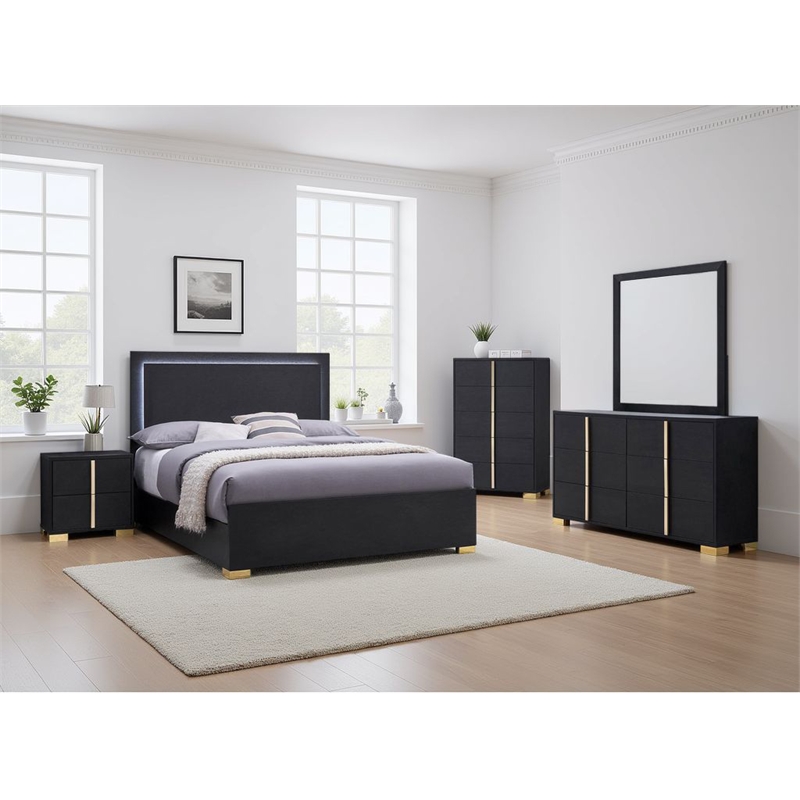 Pemberly Row 5-Piece Queen LED Bedroom Set with Gold Accents in Black