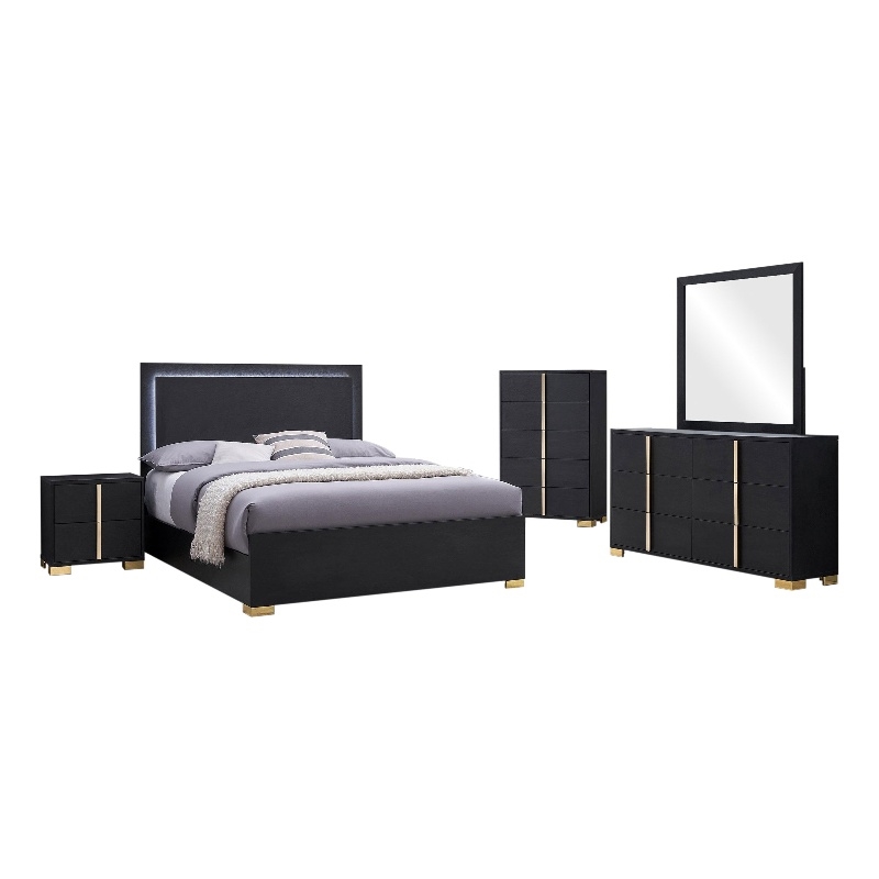 Pemberly Row 5-Piece Queen LED Bedroom Set with Gold Accents in Black