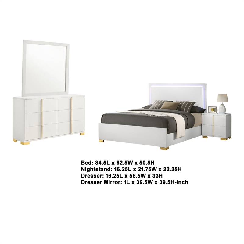 Pemberly Row 4-Piece Queen LED Bedroom Set with Gold Accents in White