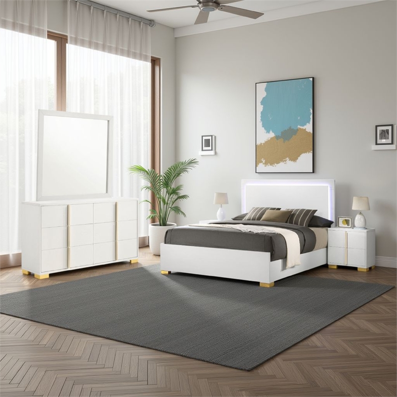 Pemberly Row 4-Piece Queen LED Bedroom Set with Gold Accents in White