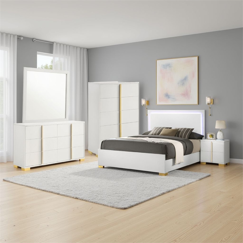 Pemberly Row 5-Piece Queen LED Bedroom Set with Gold Accents in White