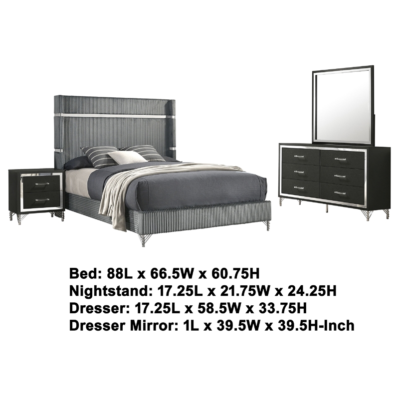 Pemberly Row 4-Piece Queen Bedroom Set with Gray Velvet Wingback in Black