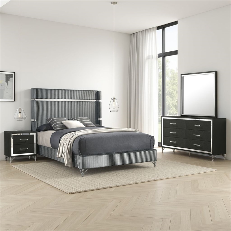 Pemberly Row 4-Piece Queen Bedroom Set with Gray Velvet Wingback in Black